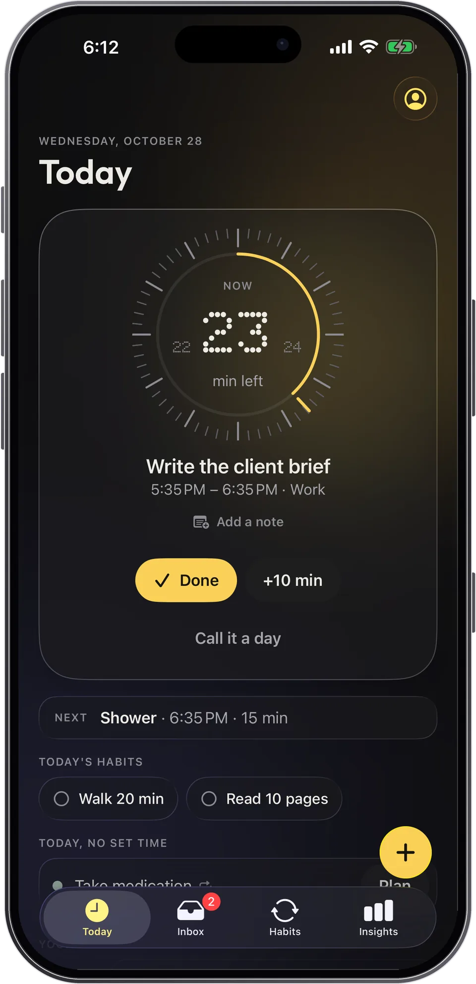 Your day in Capday: the current block on a dial with 23 minutes left, and the rest of the day.