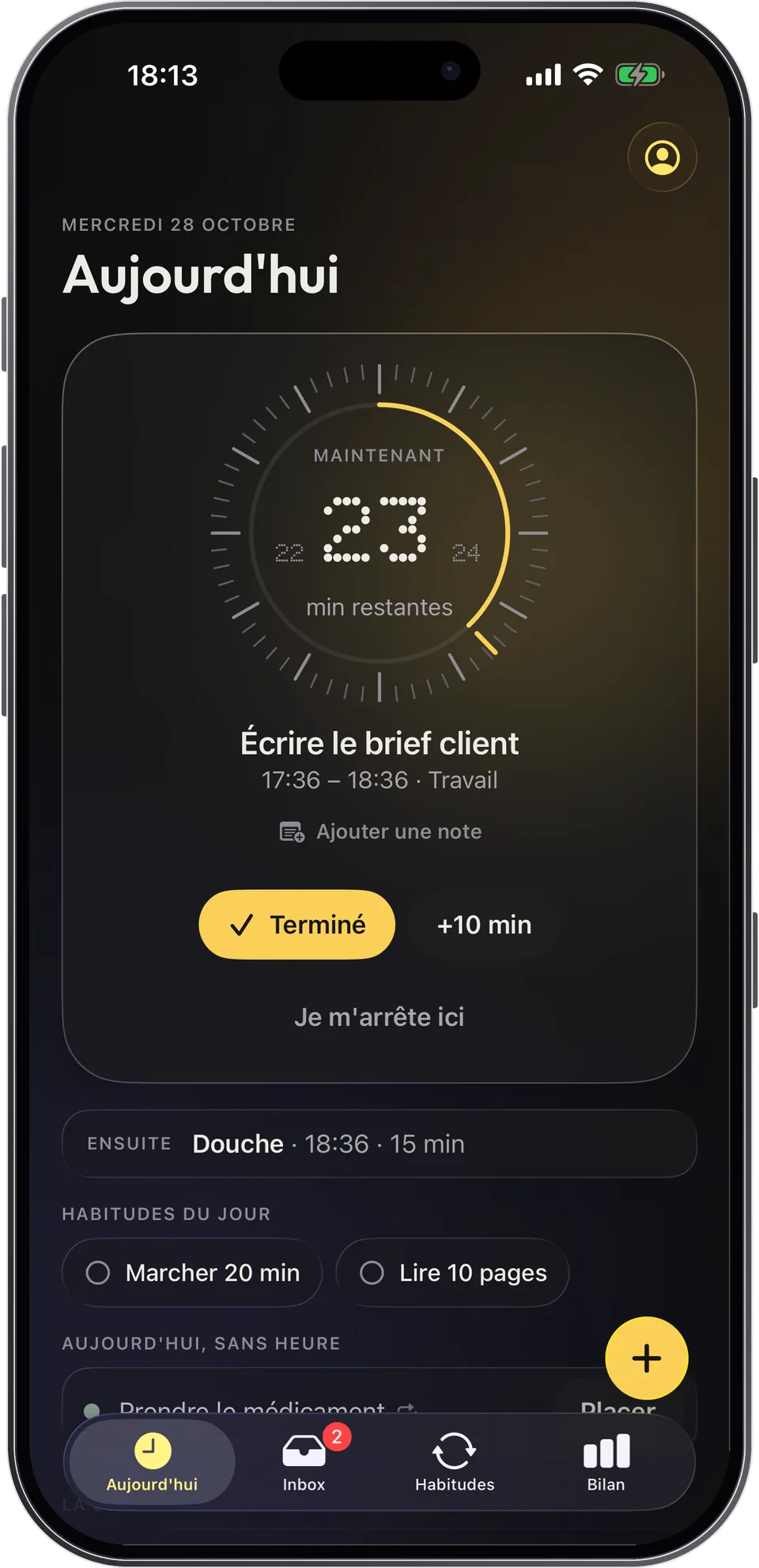La journée dans Capday : le bloc en cours sur un cadran, 23 minutes restantes, et la suite de la journée.